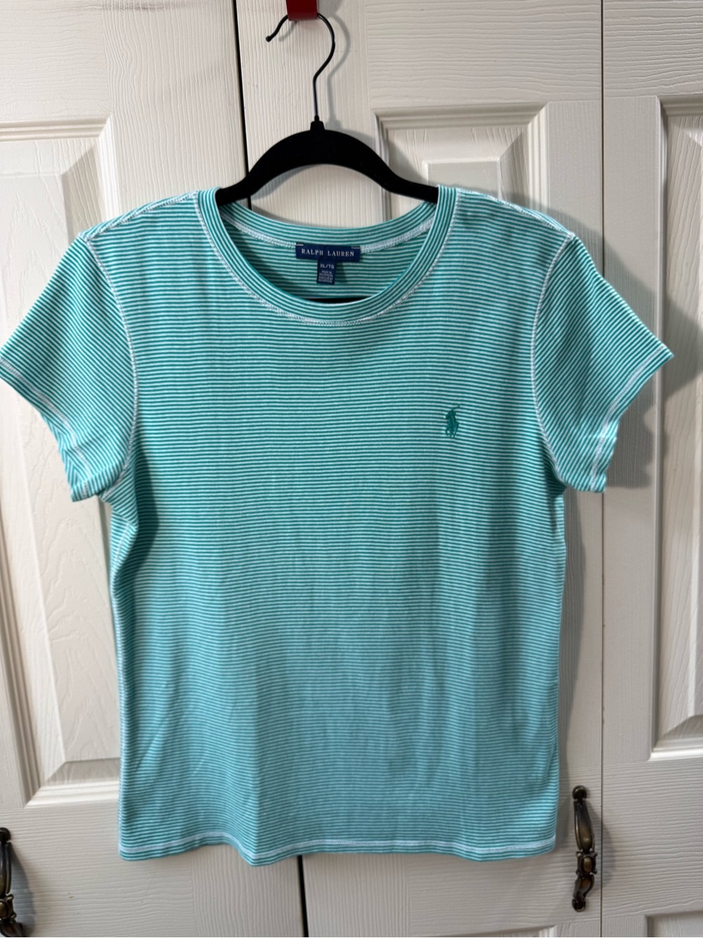 Ralph Lauren Teal White Striped Cotton Crewneck T-Shirt Womens Size XL